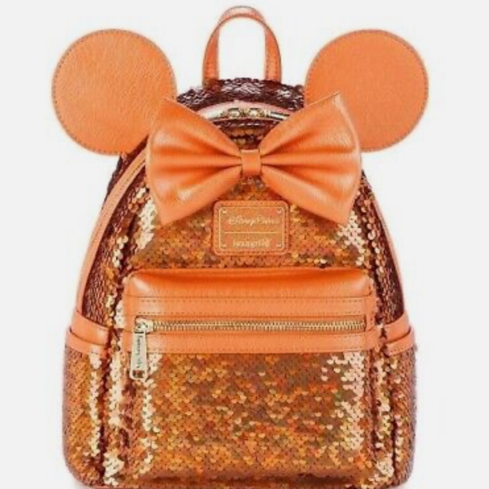 Disney Parks Loungefly Minnie Mouse Sequined Apricot Crush Backpack and Ears - Picture 1 of 8